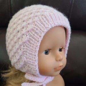 Baby Girl Hat BONNET knitted Acrylic Polyester Handmade Pink Size 1-3 Months